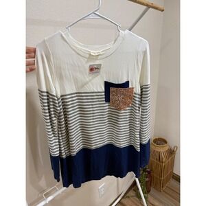 Lovely Melody Colorblock Striped Tunic Top w/ Sequin Pocket Women's Small